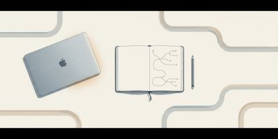 A notebook and branching idea sketches beside a closed laptop, illustrating creative thinking beyond familiar tools.