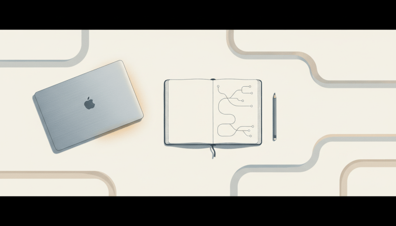 A notebook and branching idea sketches beside a closed laptop, illustrating creative thinking beyond familiar tools.