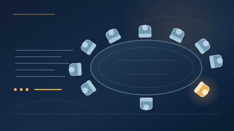Top-down illustration of a conference table with nine blue chairs and one gold chair, representing a dissenting view in a team discussion.