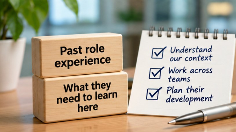 Two wooden blocks labeled "Past role experience" and "What they need to learn here" beside a notebook checklist about context, teamwork and development.