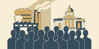 Abstract crowd with economic and civic symbols representing different causes of public protest.