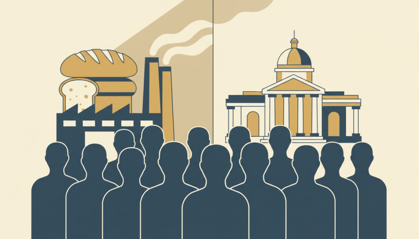 Abstract crowd with economic and civic symbols representing different causes of public protest.
