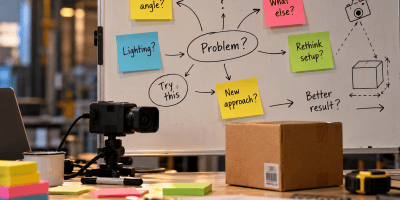 A camera and parcel on a workbench beside a whiteboard of branching questions about lighting, camera angles and new approaches.