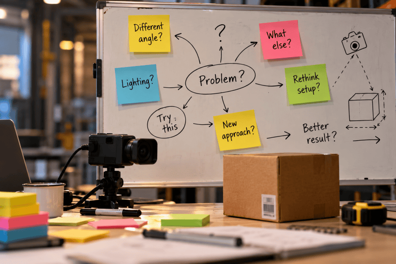 A camera and parcel on a workbench beside a whiteboard of branching questions about lighting, camera angles and new approaches.