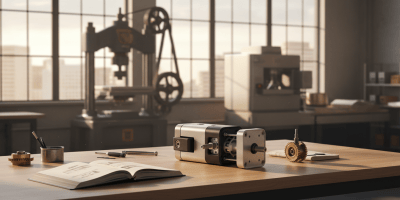 Modular engineering prototype and design notes on a worktable, with older and newer equipment in the background.