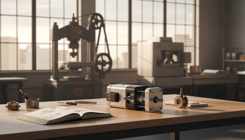 Modular engineering prototype and design notes on a worktable, with older and newer equipment in the background.