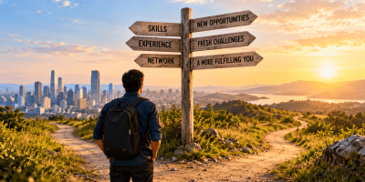 A professional with a backpack faces two paths at sunrise beside a signpost about skills, experience and new opportunities.