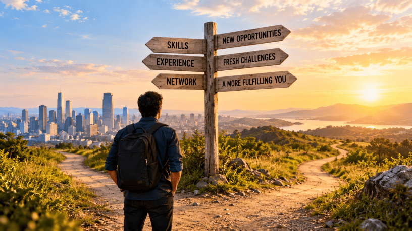 A professional with a backpack faces two paths at sunrise beside a signpost about skills, experience and new opportunities.